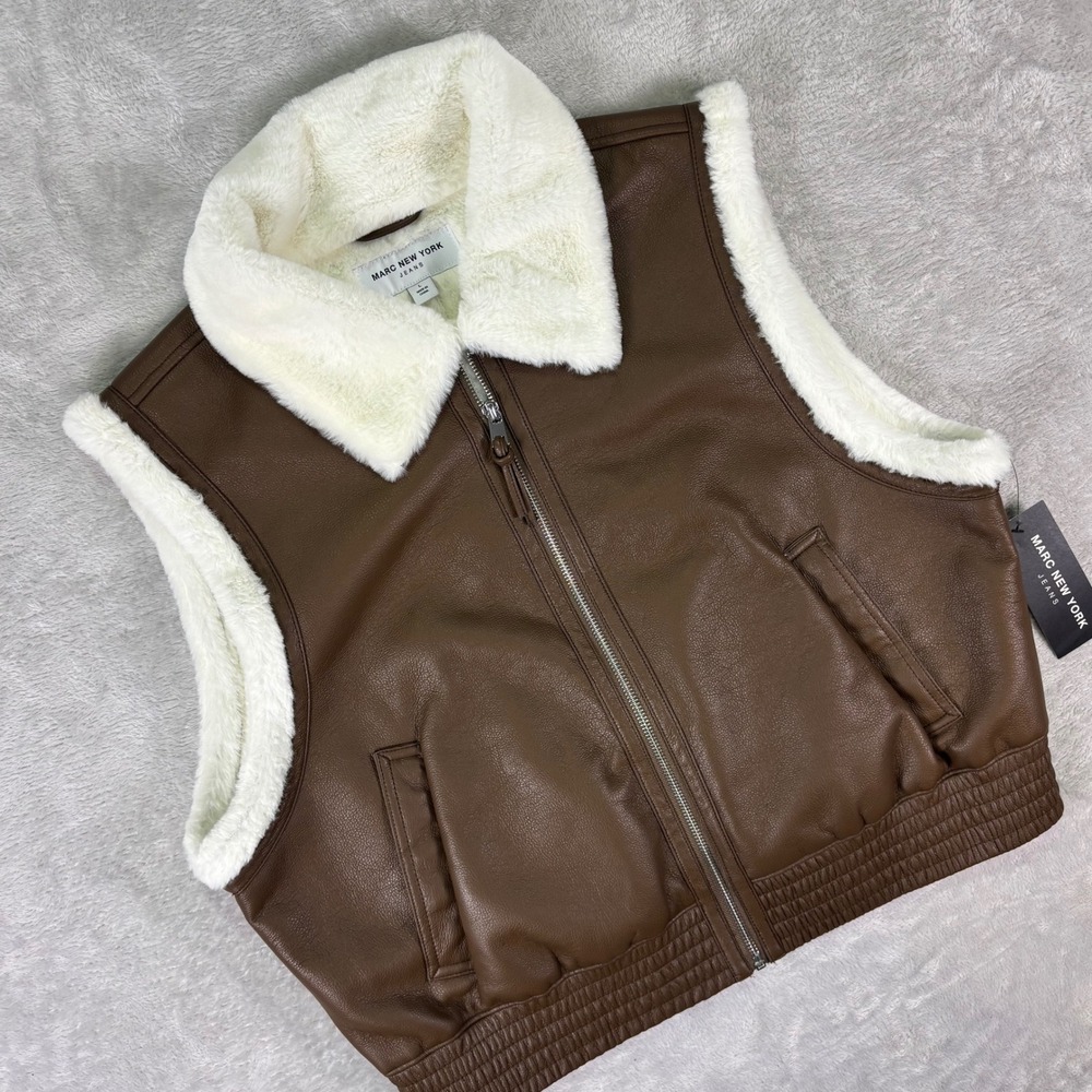 Marc New York Women's Dark Earth Faux Leather Sherpa Lined Zip Vest Sz‎ Large